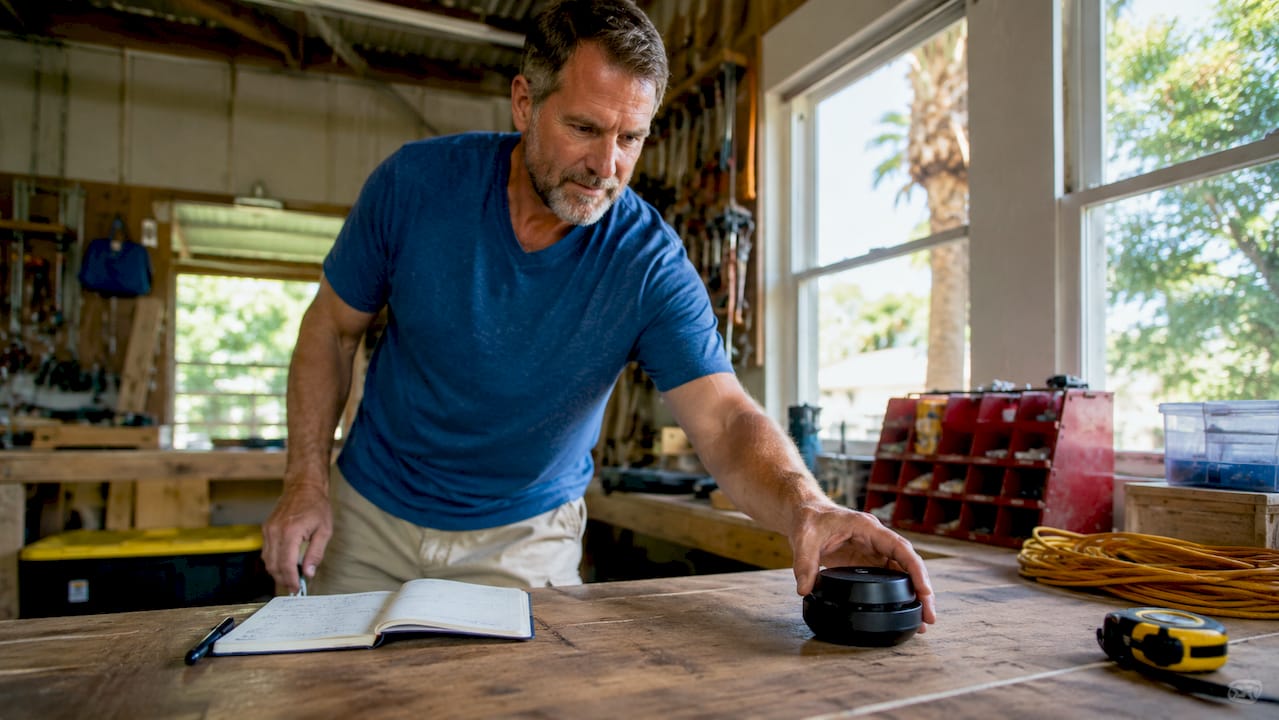 Homeowner placing radon test device in basement