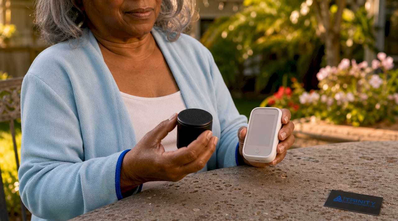 Hands holding short-term and long-term radon test kits
