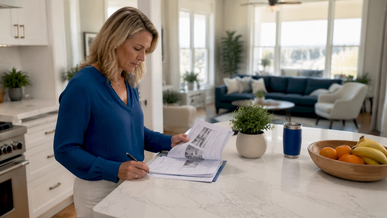 Seller reviewing home inspection report at kitchen table