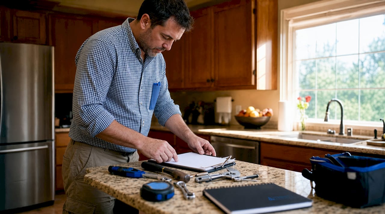 Homeowner organizing repair tools for inspection