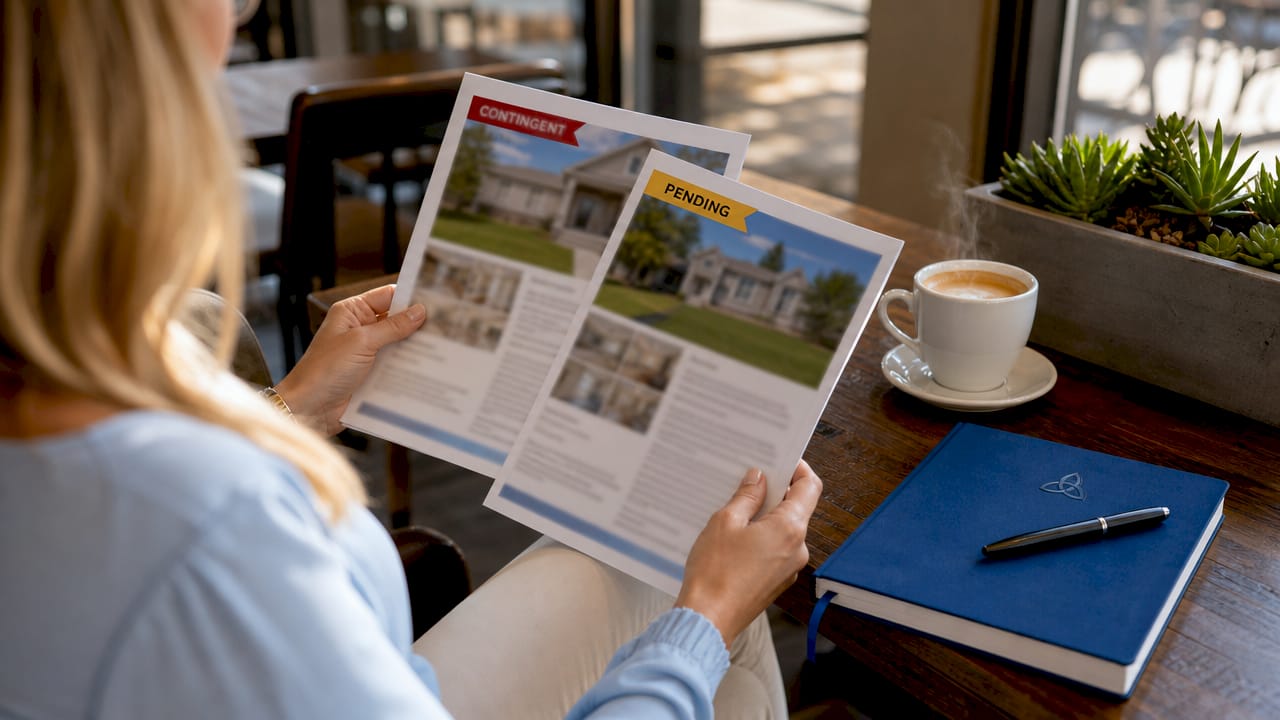 Hands comparing contingent and pending real estate flyers