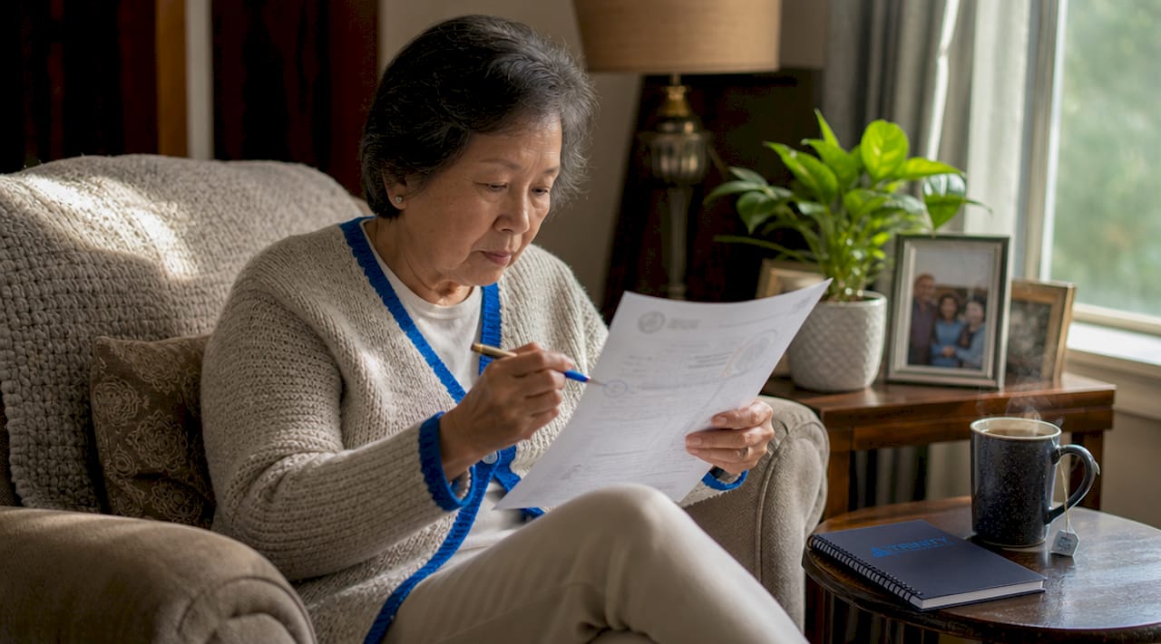 Homeowner reading engineer certificate paperwork at table