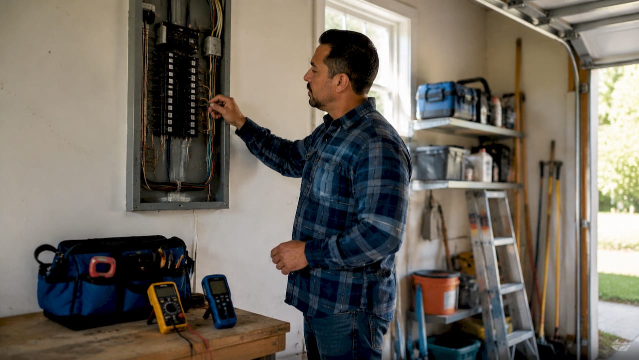 Inspector checking home's electrical panel wiring close-up