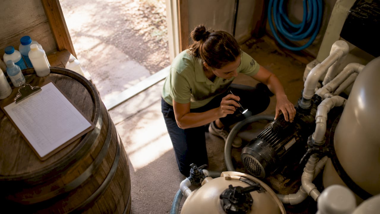 Female inspector examining pool pump equipment