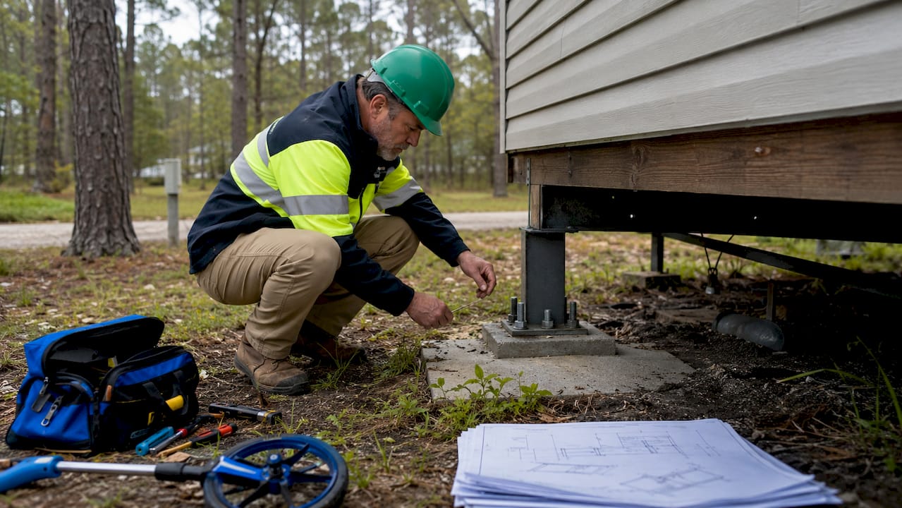 Engineer inspecting manufactured home foundation