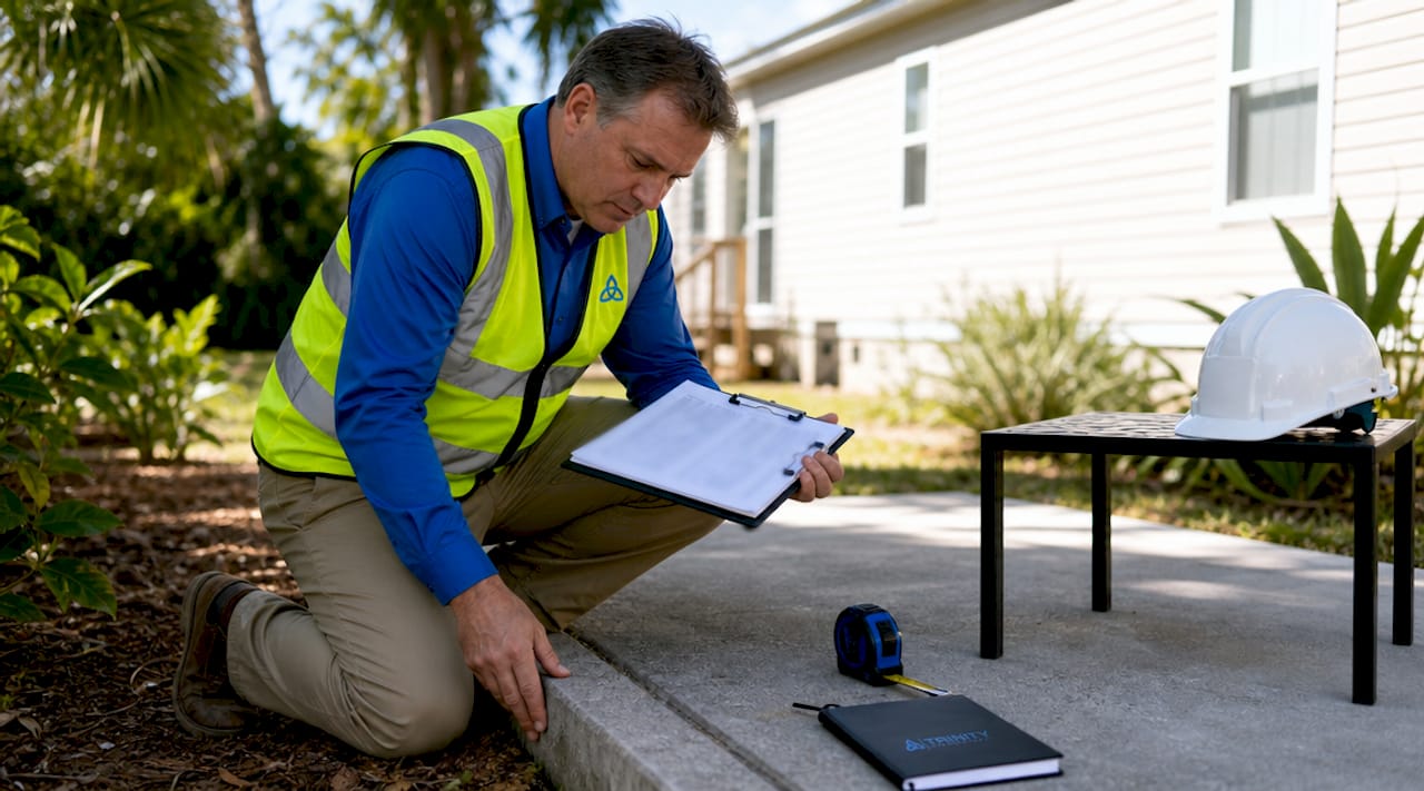 Home inspector assessing porch foundation