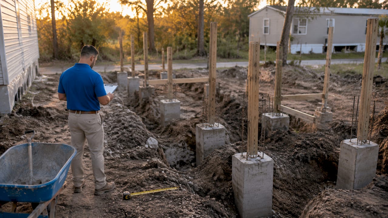 Close-up porch foundation footings construction