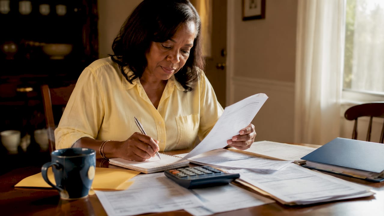 Woman reviewing home grant documents at kitchen table