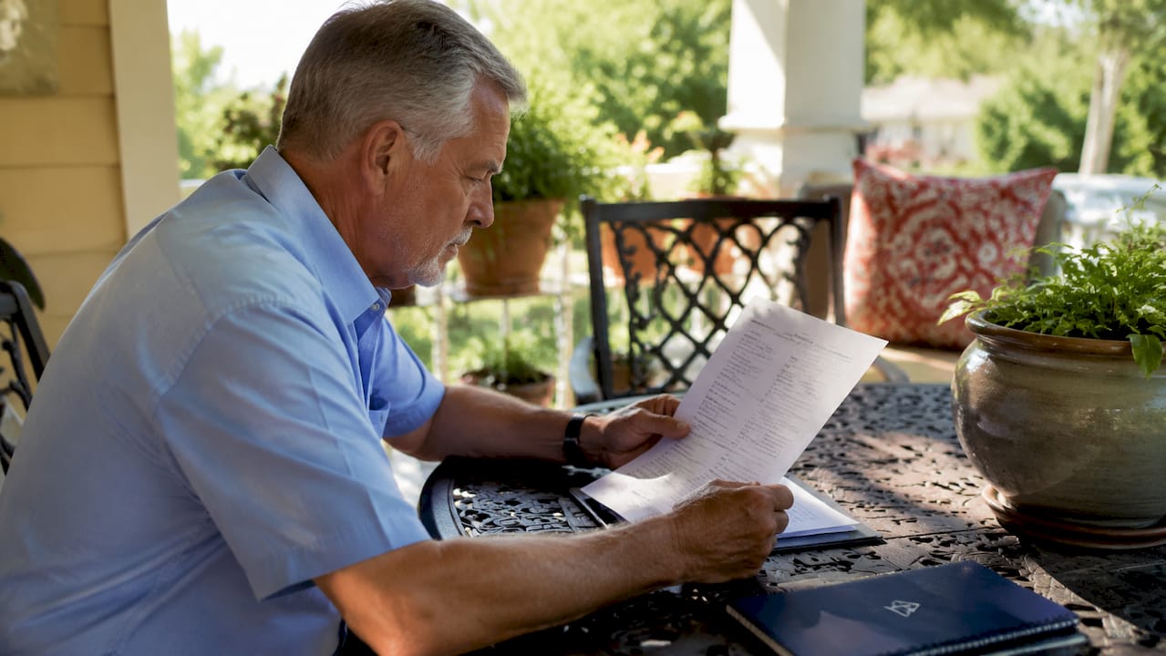 Hands reviewing contractor list outdoors on porch