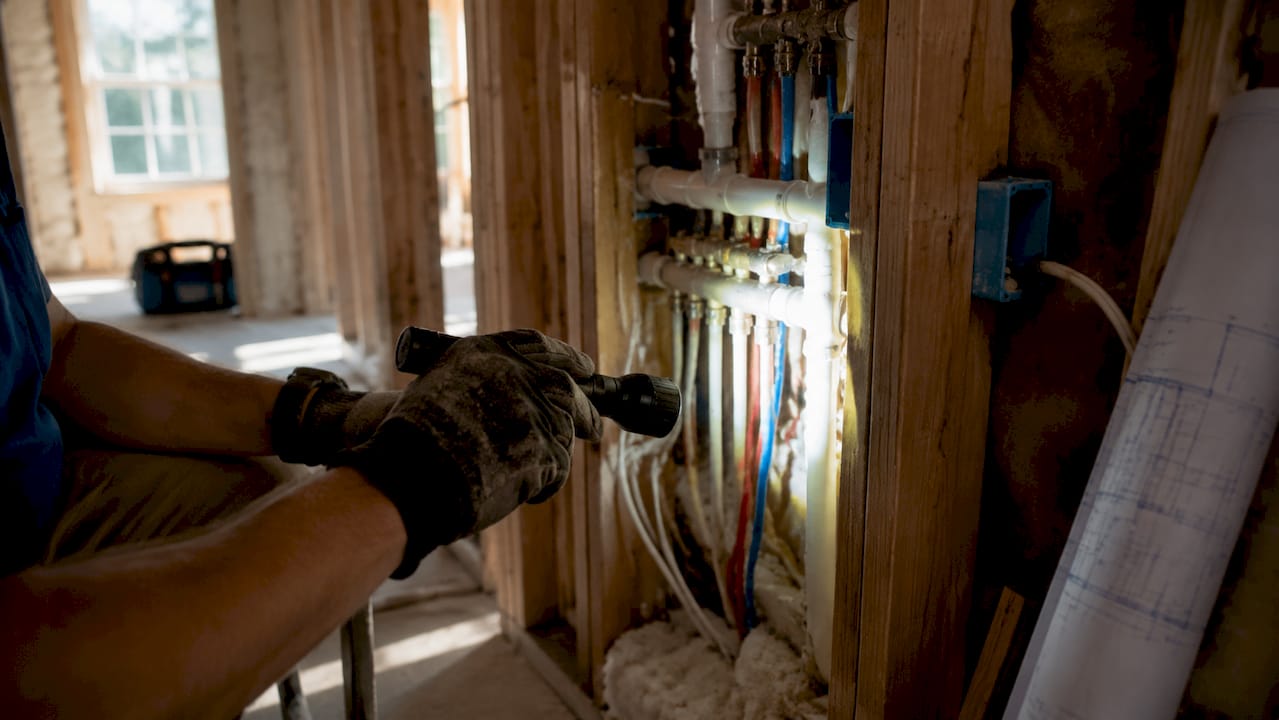 Hands pointing flashlight at new home plumbing pipes