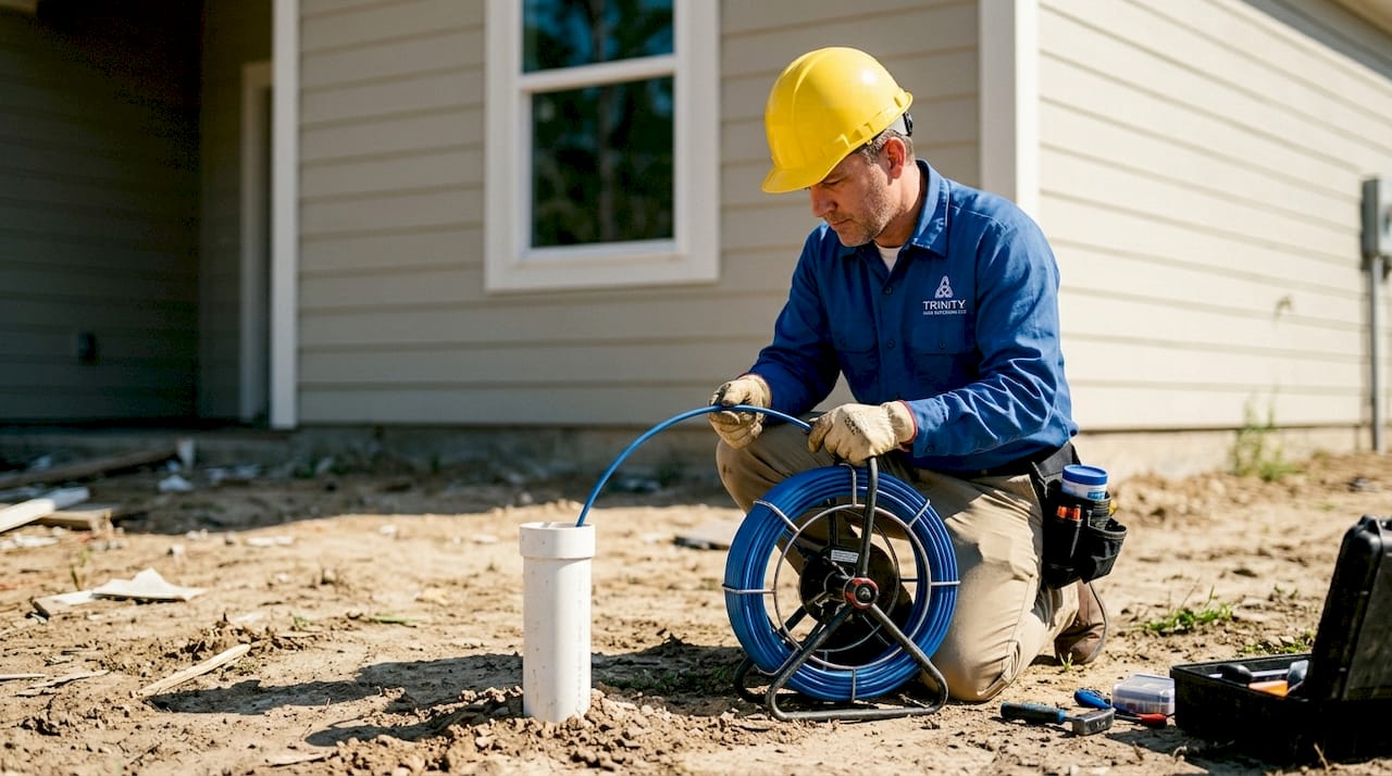 Home inspector performing sewer scope inspection outside new home