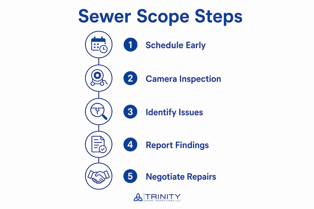 Infographic showing sewer scope inspection steps for new homes