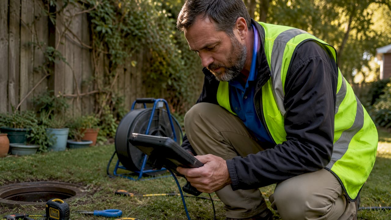 Home inspector using sewer camera outdoors
