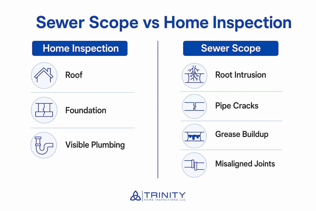 Infographic comparing sewer scope and home inspection coverage