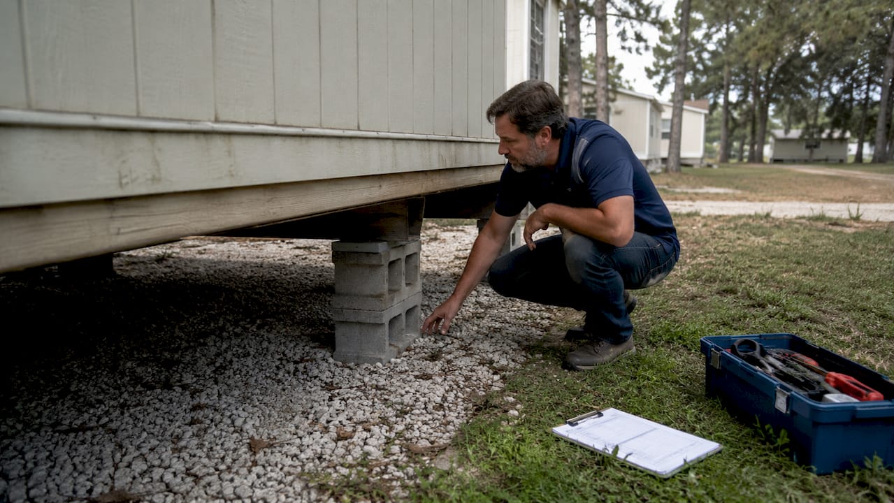 Inspector checking mobile home piers outdoors