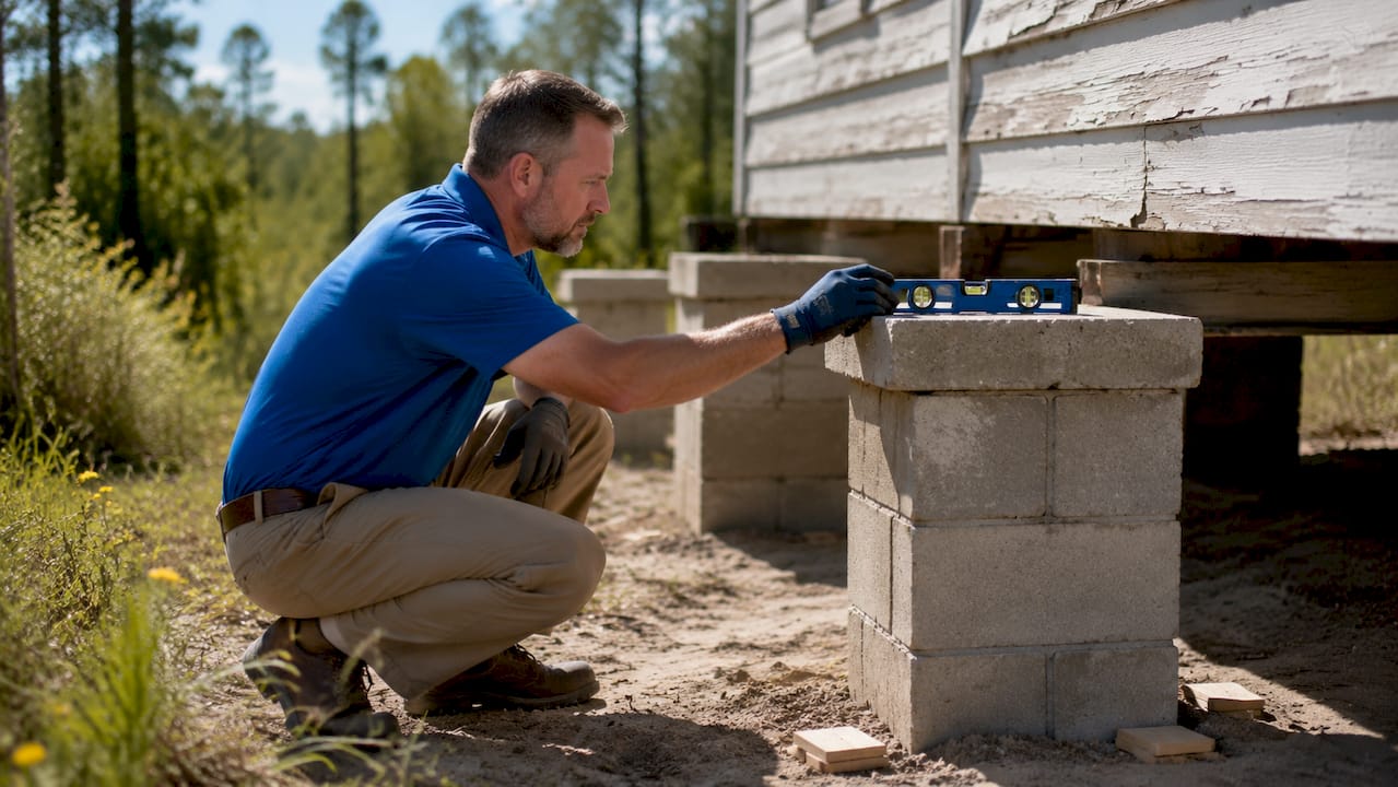 Close-up of pier cap block with inspection tools