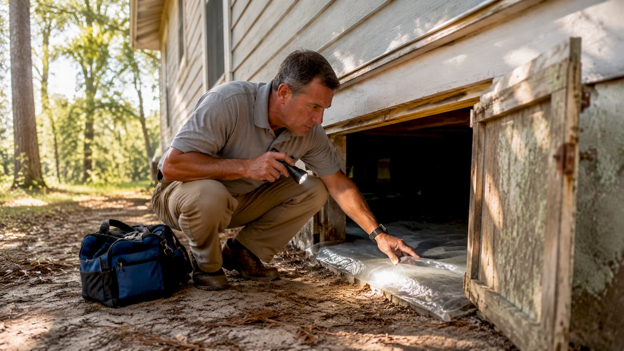 Home inspector examining crawlspace moisture