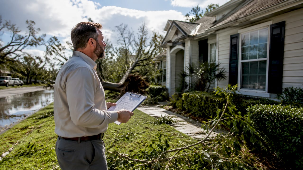 Home inspector assessing house storm damage outside
