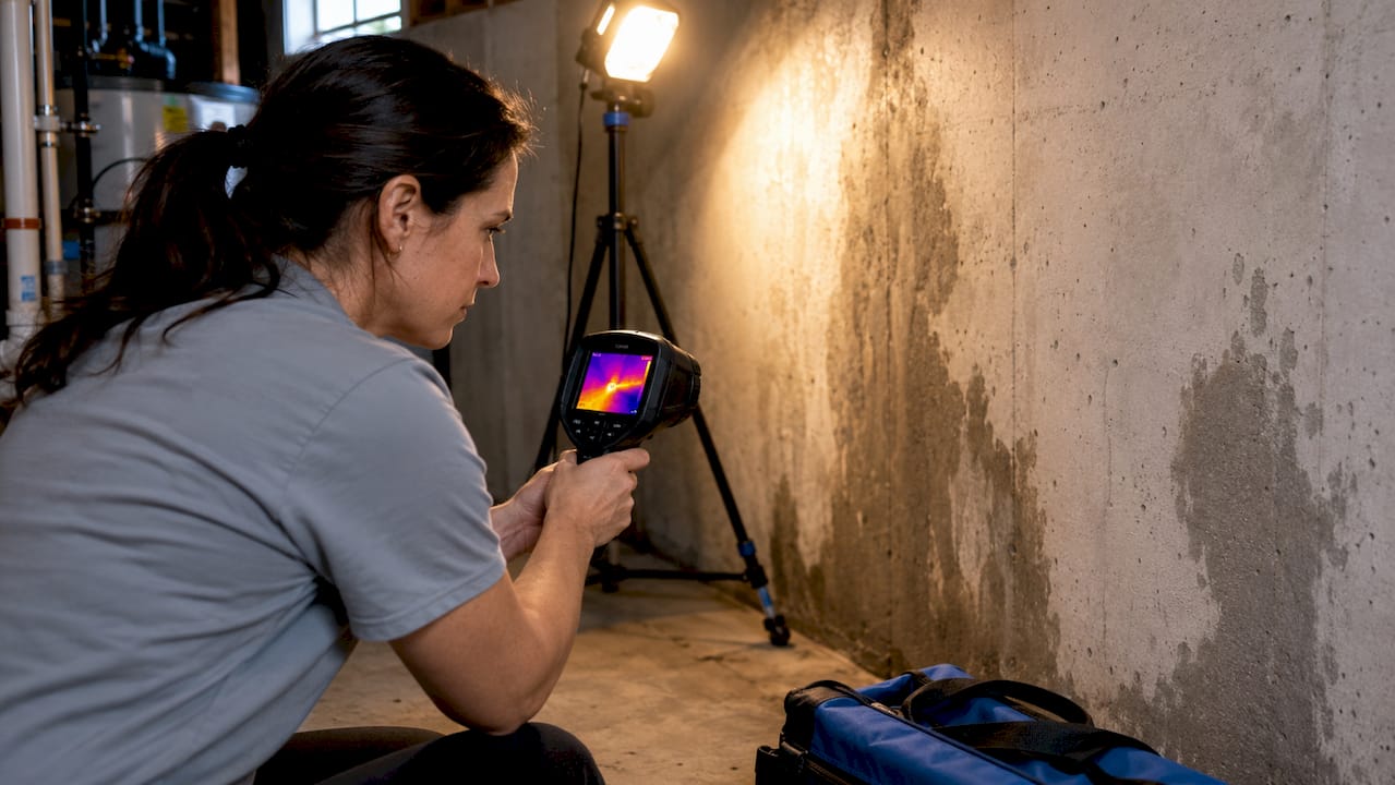 Female inspector using thermal camera in attic