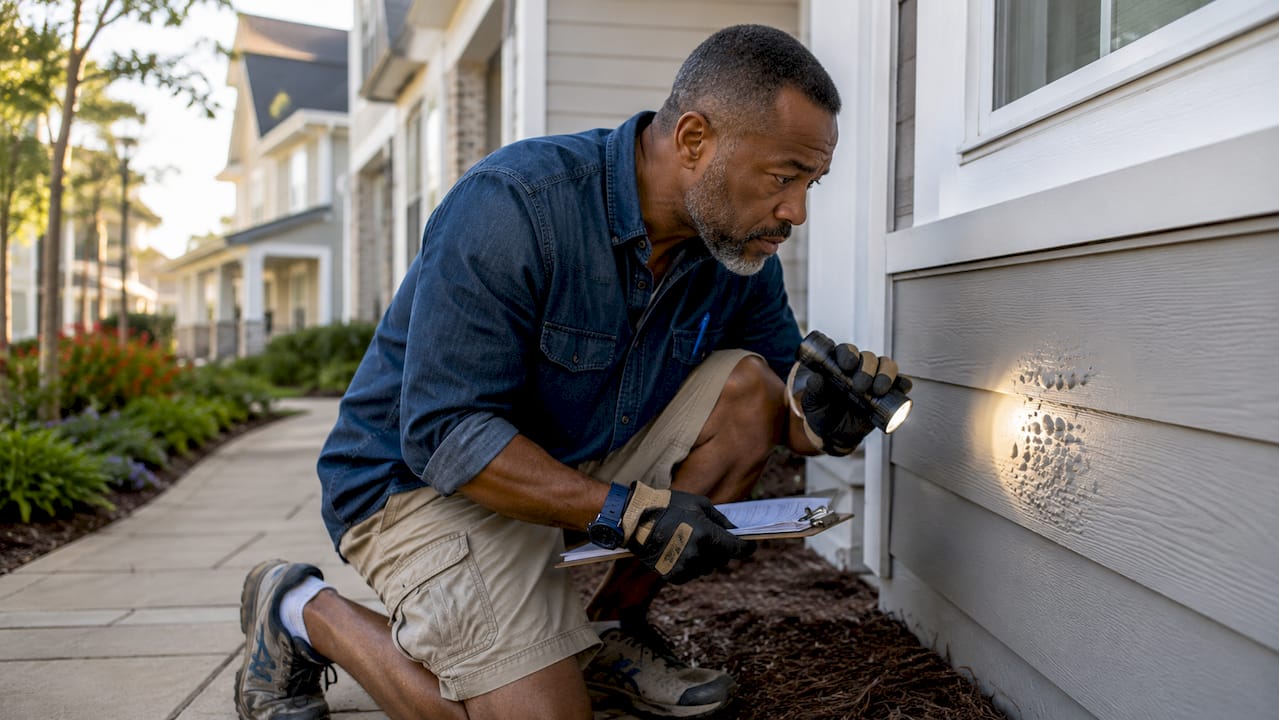 Home inspector examining foundation cracks