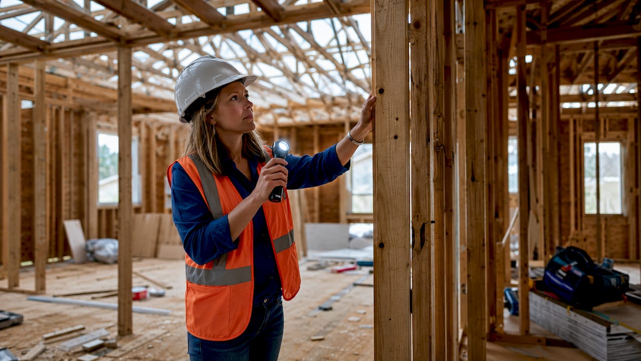 Inspector checking framing in pre-drywall stage