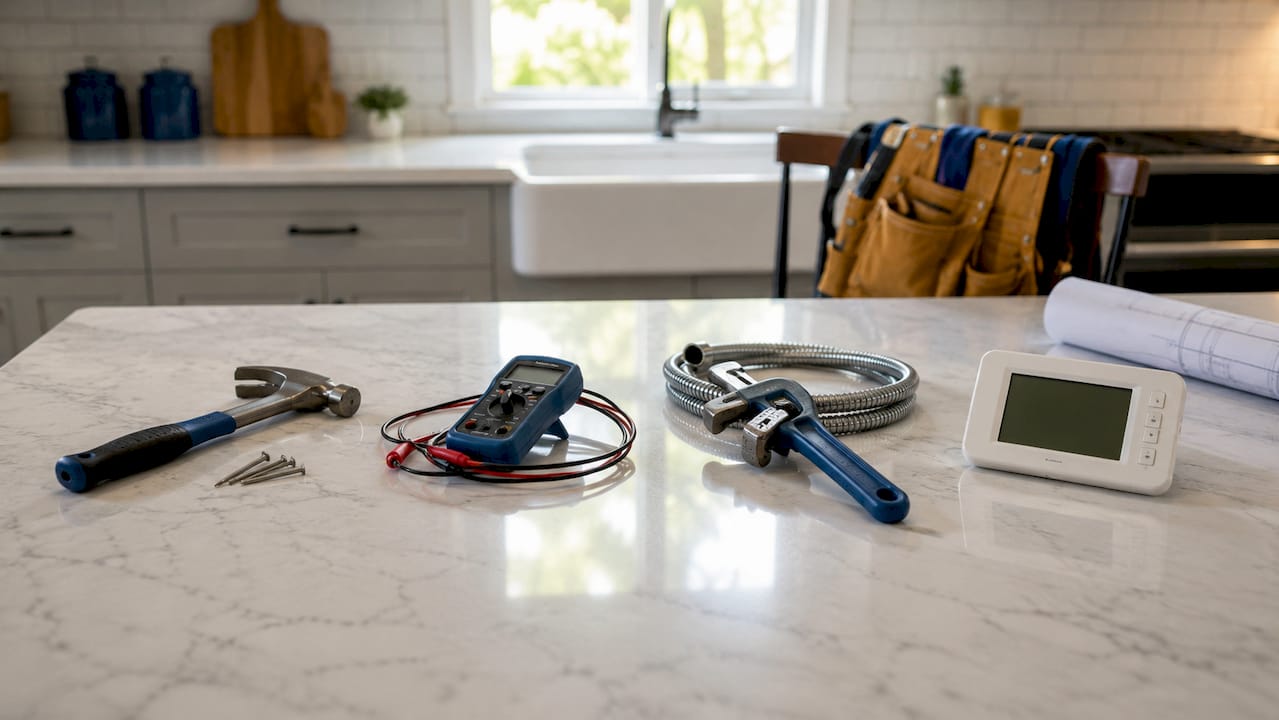 Tools representing roof, electrical, plumbing, HVAC systems