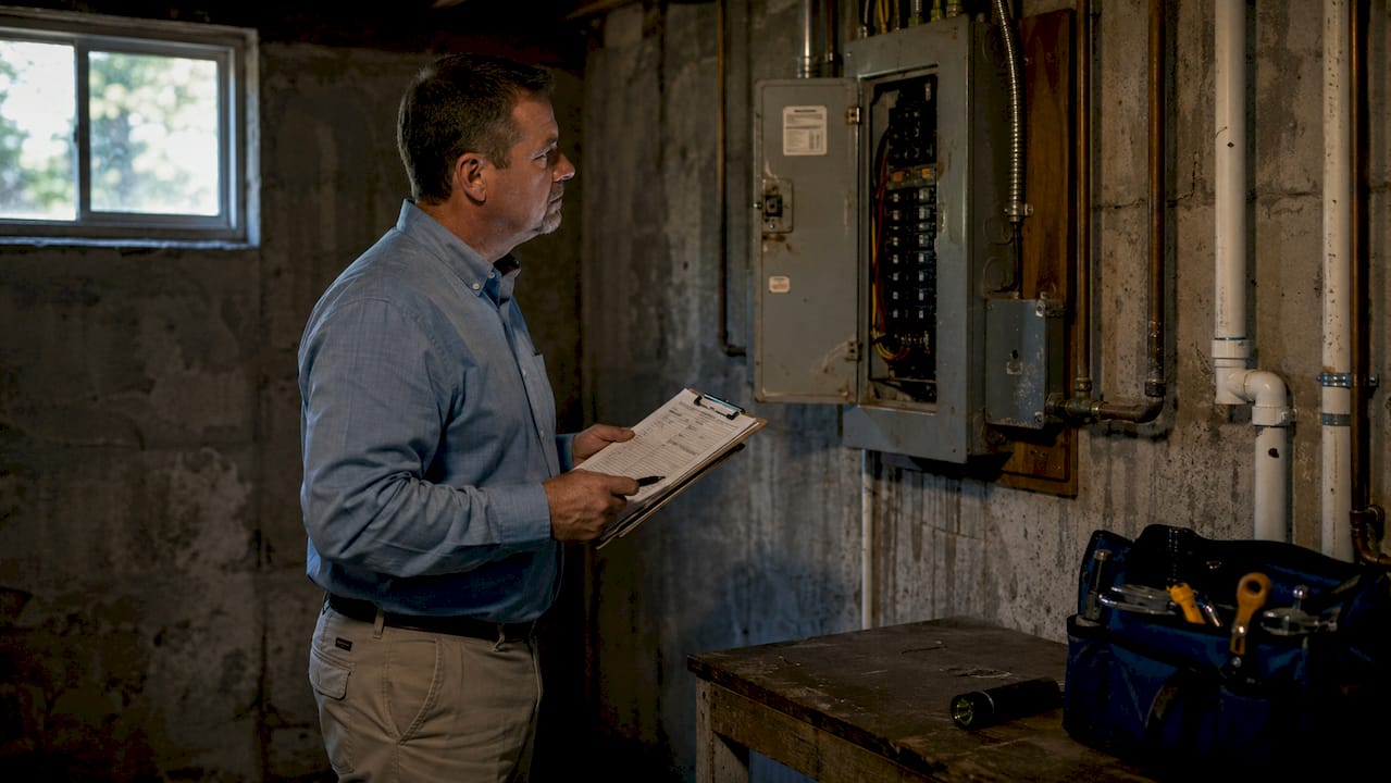 Home inspector checking attic HVAC ductwork