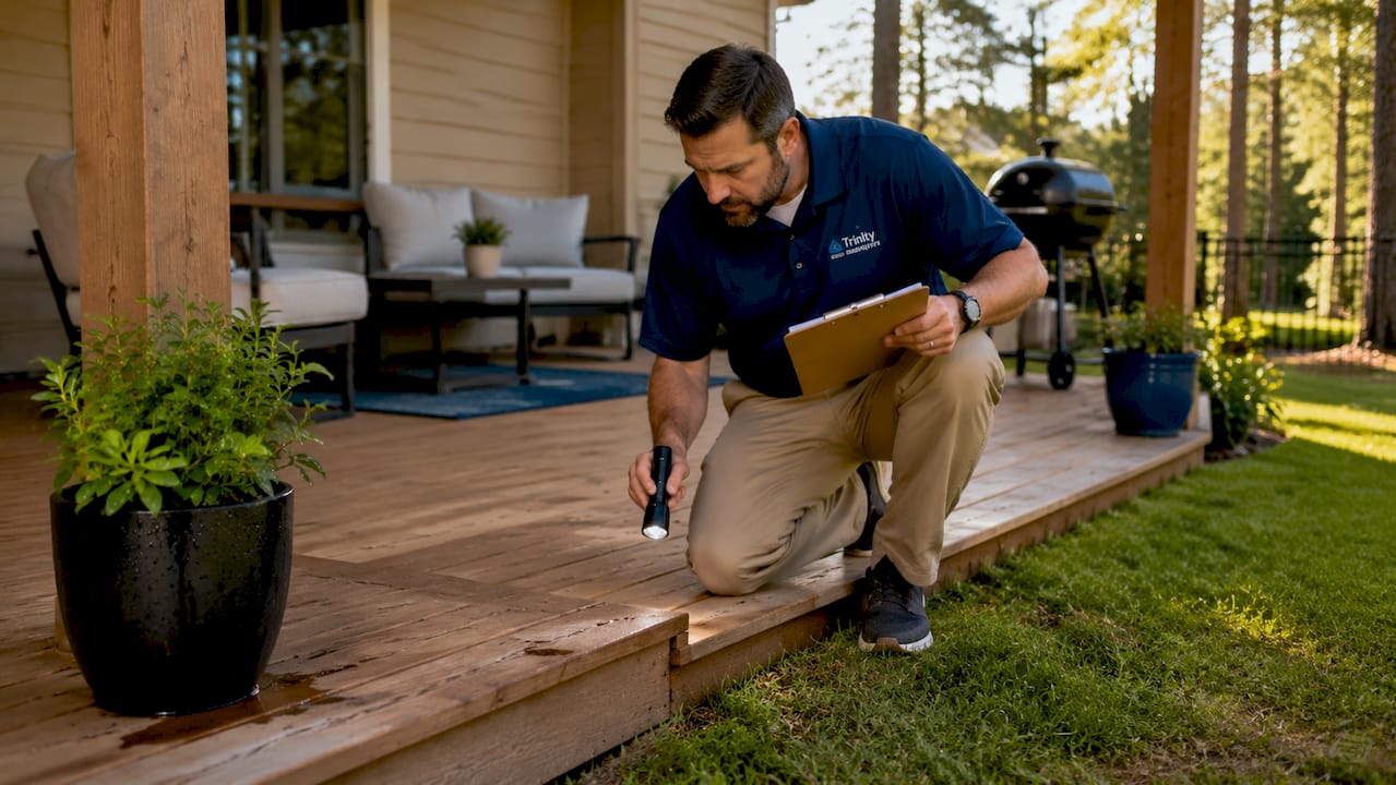 Home inspector examining house entrance