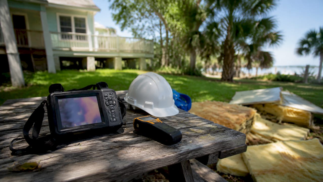 Attic with thermal imaging tools and insulation gaps