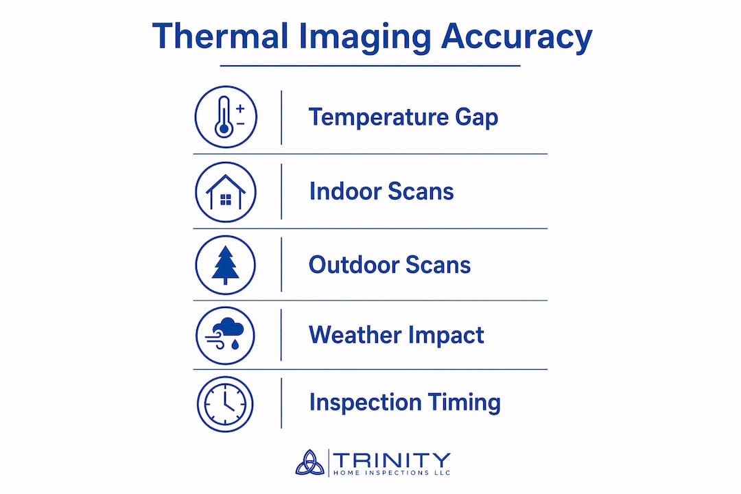 Infographic illustrating factors affecting thermal imaging accuracy in home inspections