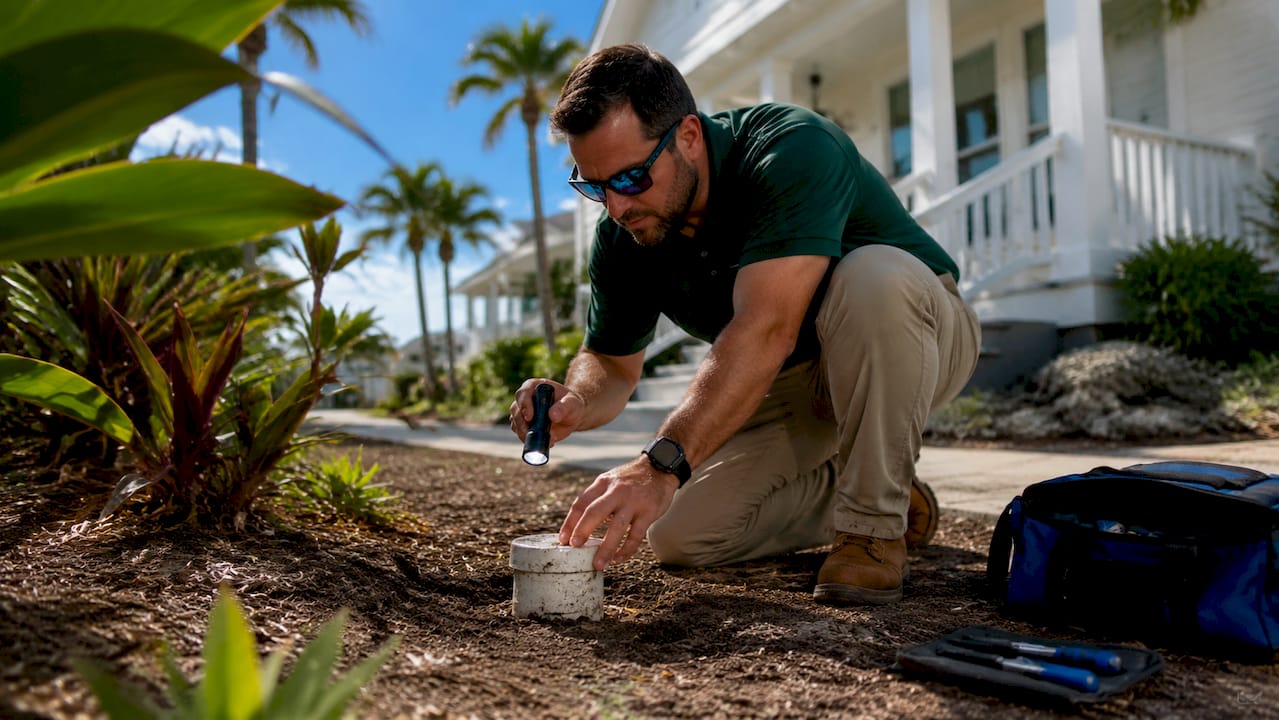 Home inspector examining sewer cleanout outdoors