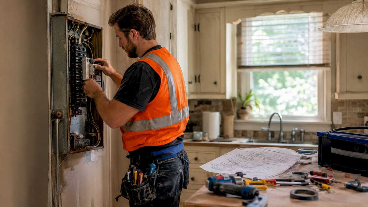 Electrician installing AFCI breaker in home panel