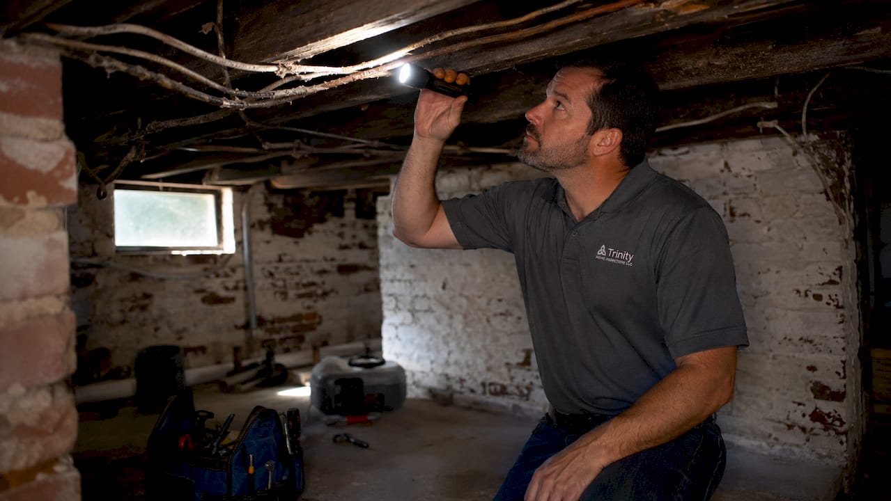 Home inspector examining cloth wiring in attic