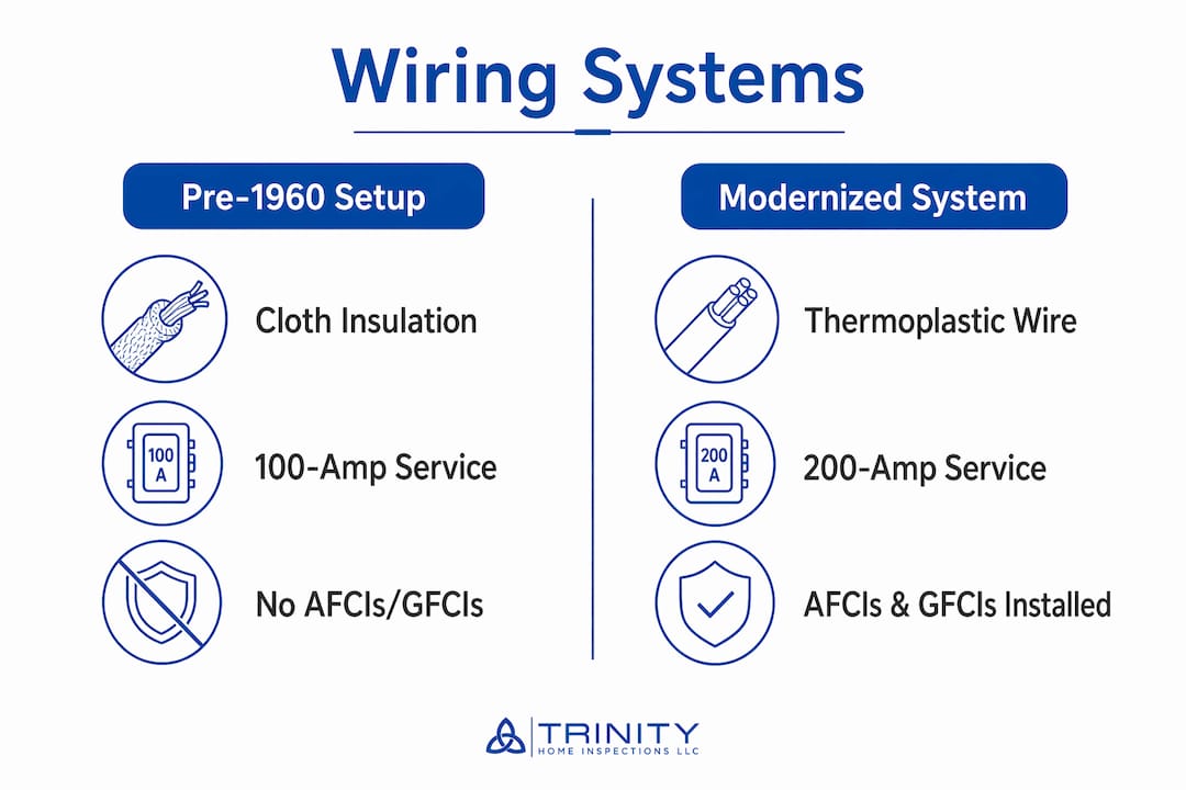 Infographic comparing old cloth wiring and modern electrical upgrades