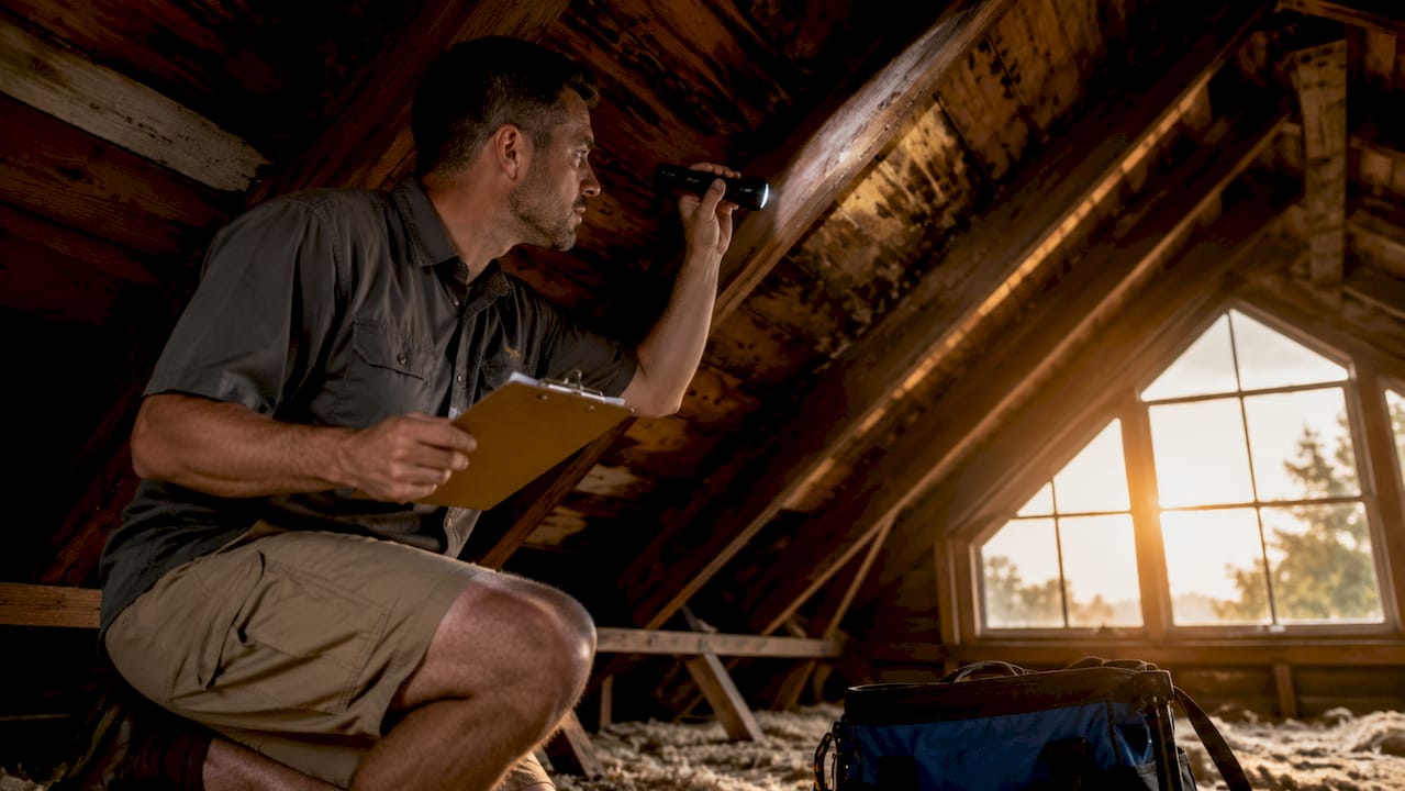 Home inspector examining attic interior