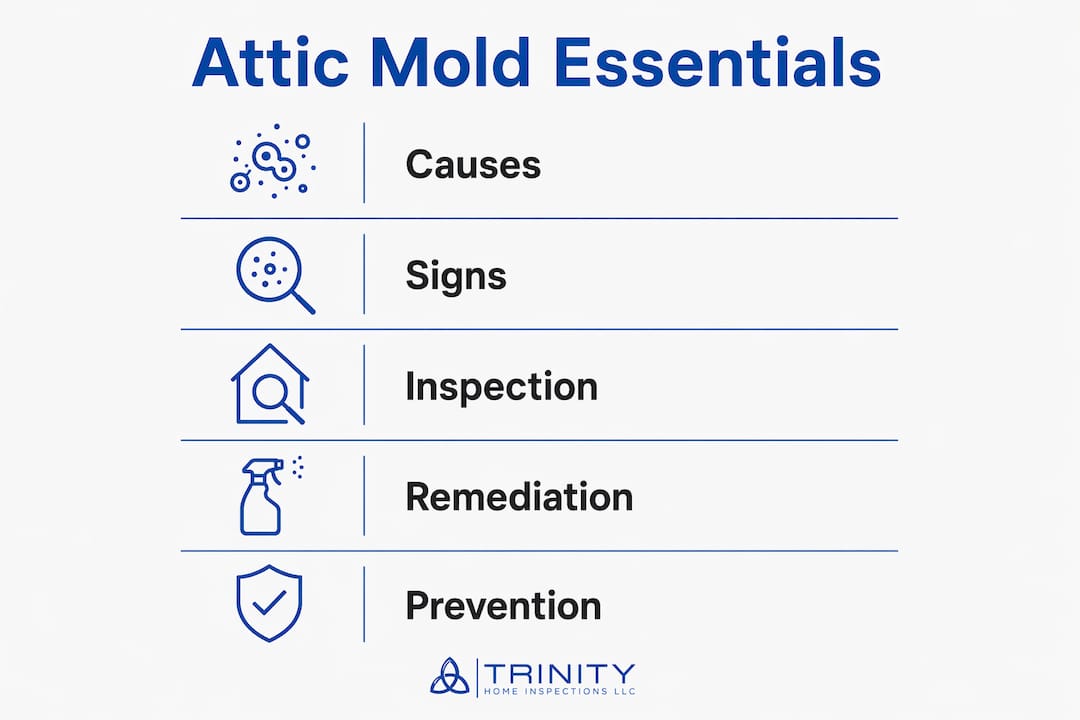Infographic showing causes, signs, inspection, remediation, prevention of attic microbial growth