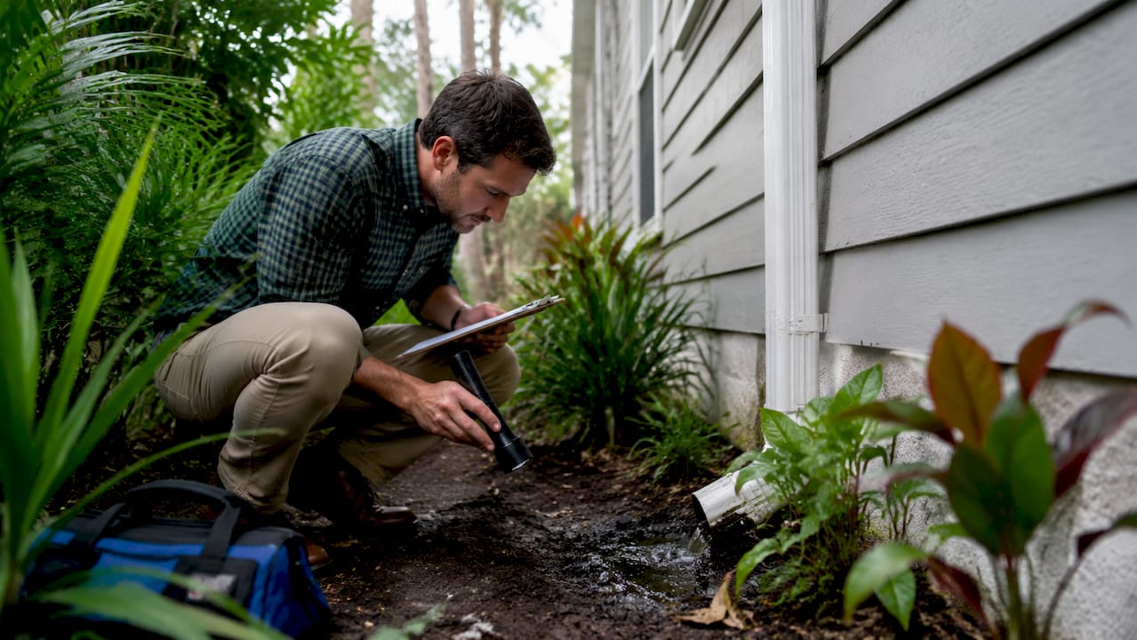 Home inspector checking foundation drainage outdoors