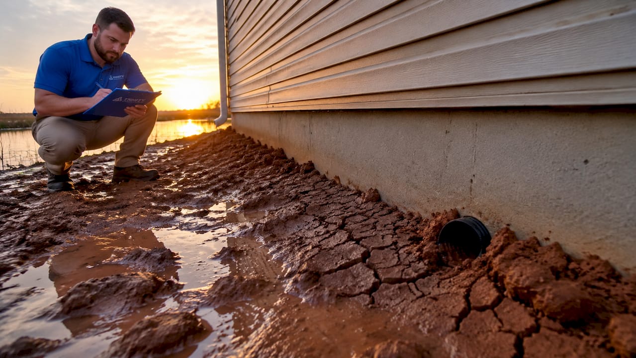 Close-up of wet clay soil near foundation