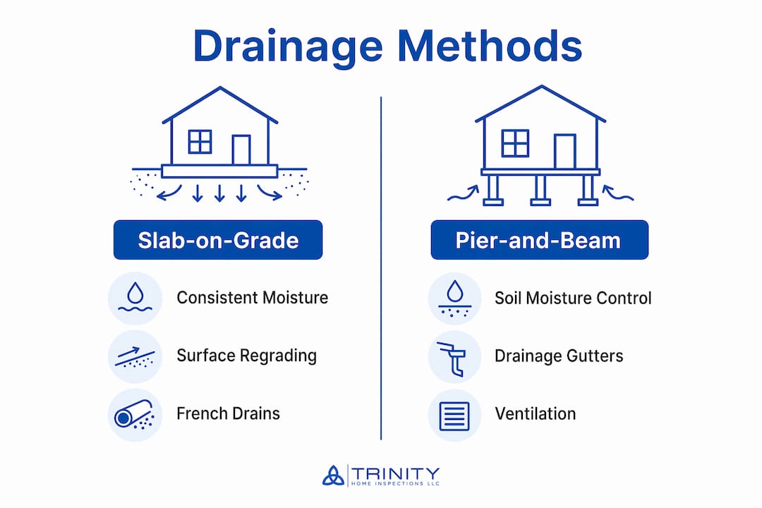 Infographic comparing slab-on-grade vs pier-and-beam drainage methods