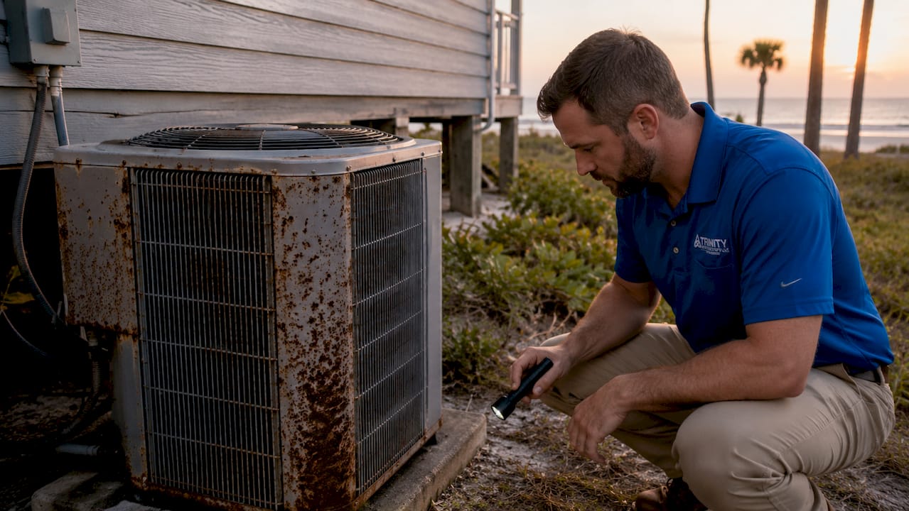 Corroded outdoor HVAC unit near Alabama coast