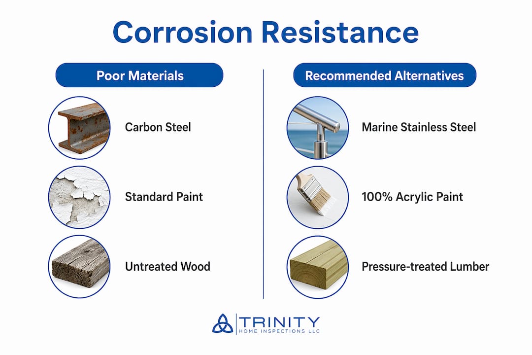 Infographic comparing corrosion resistance of materials for coastal homes