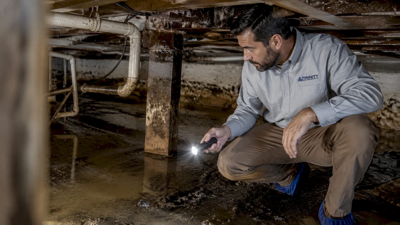 Home inspector inspecting standing water in crawlspace