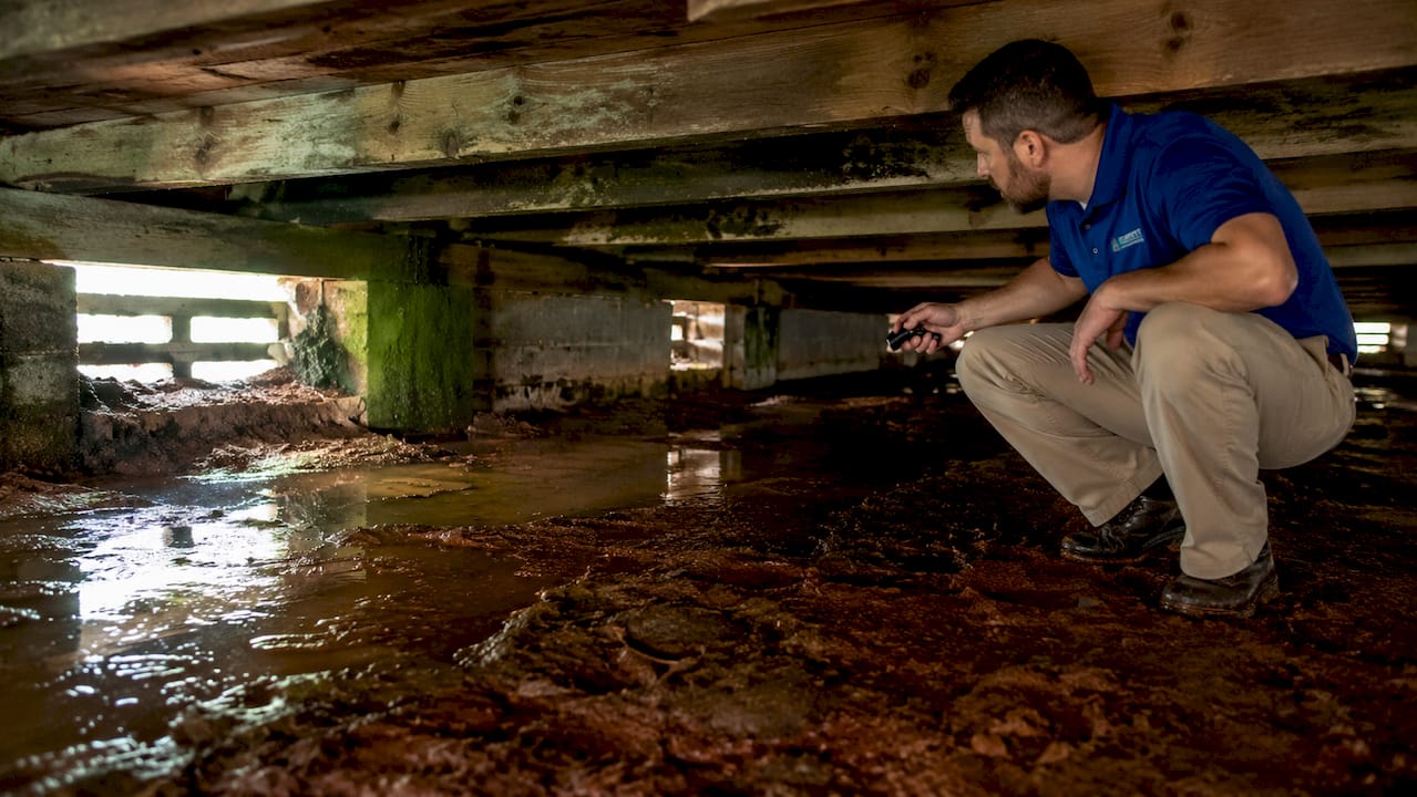 Water pooling and damp soil in Gulf Coast crawlspace