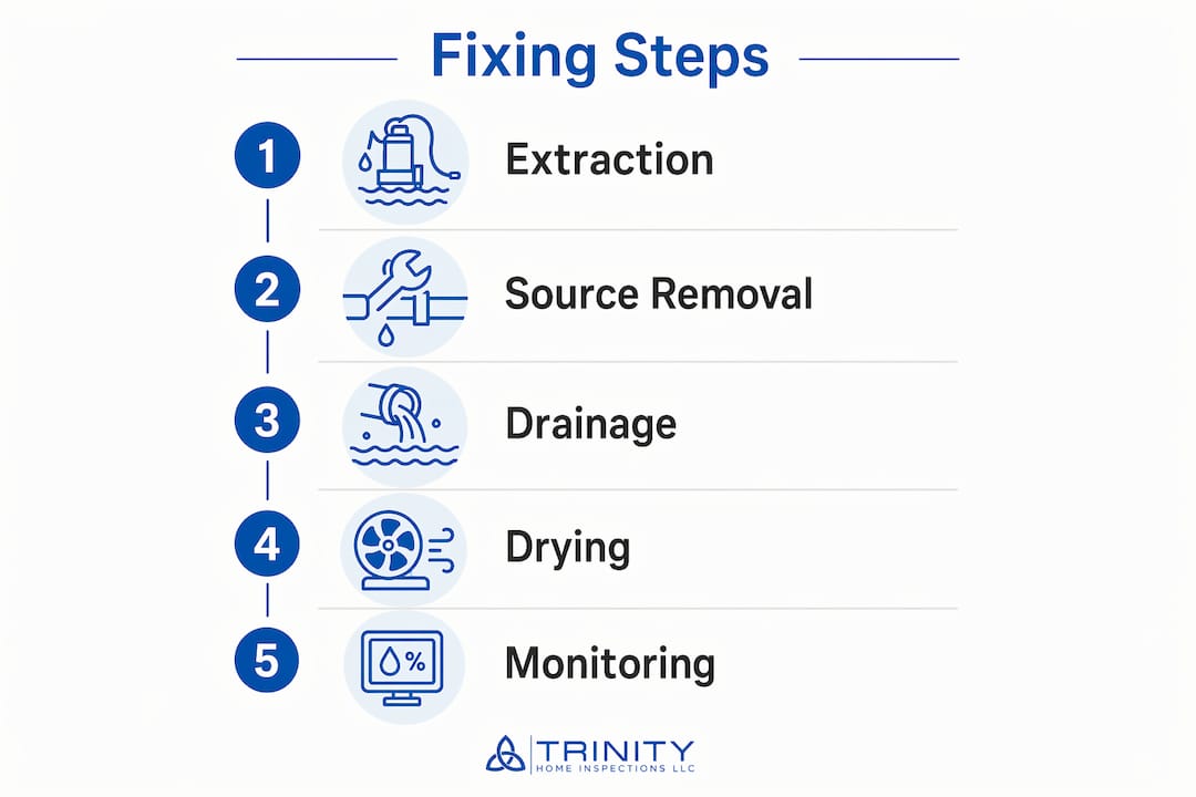 Infographic outlining steps to fix standing water in crawlspaces