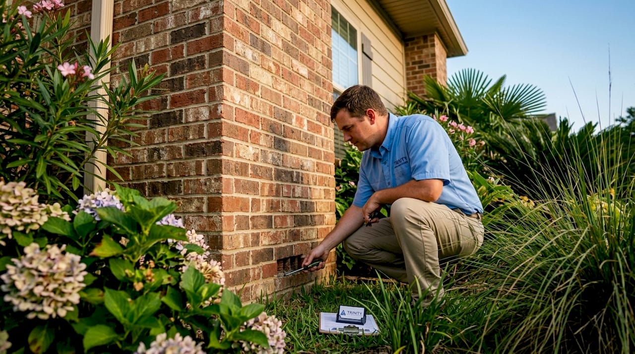 Home inspector checking brick veneer weep holes on Alabama Gulf Coast house