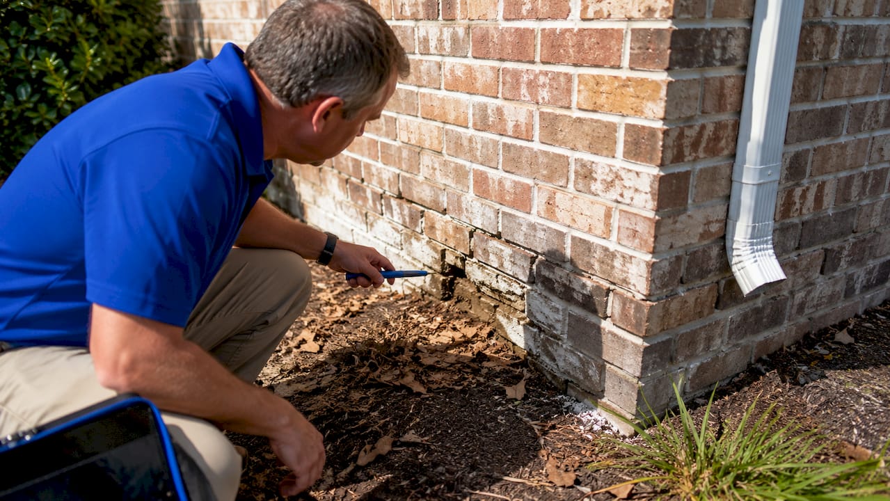 Close-up brick veneer wall cavity with moisture damage signs