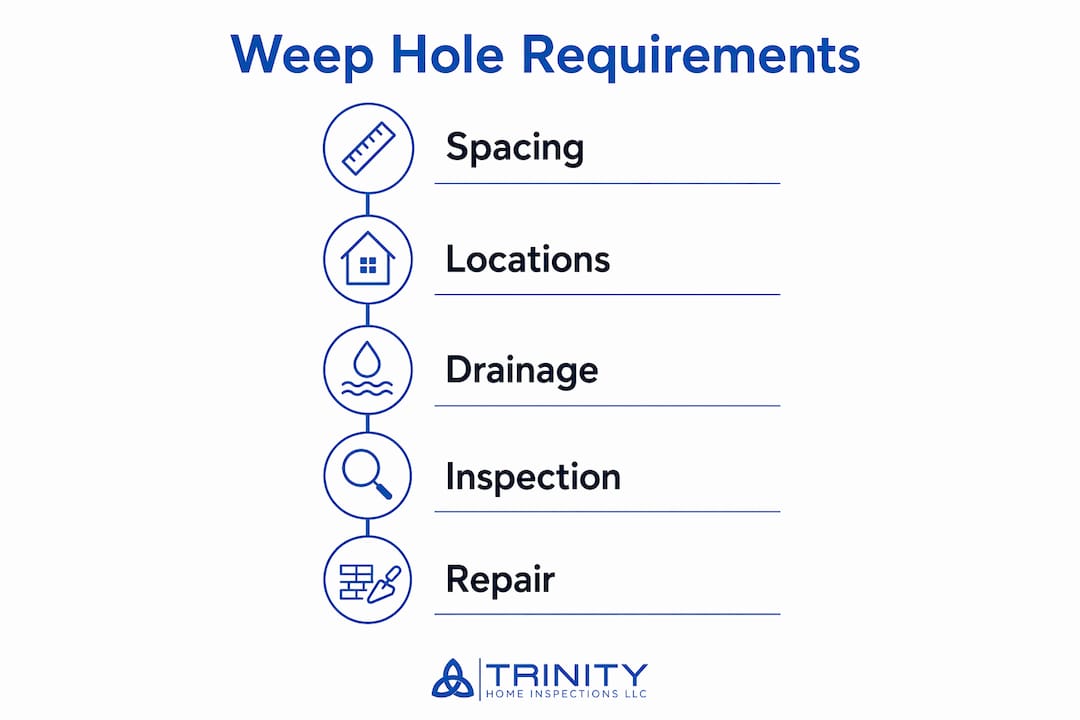 Infographic showing brick veneer weep hole code requirements and steps