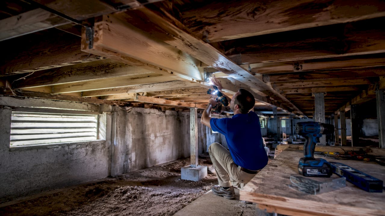 New sistered joist beside damaged joist in crawlspace repair