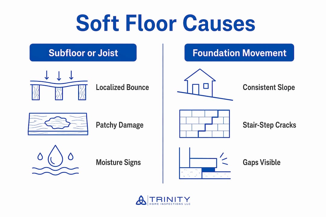 Infographic comparing soft floors causes subfloor versus foundation movement