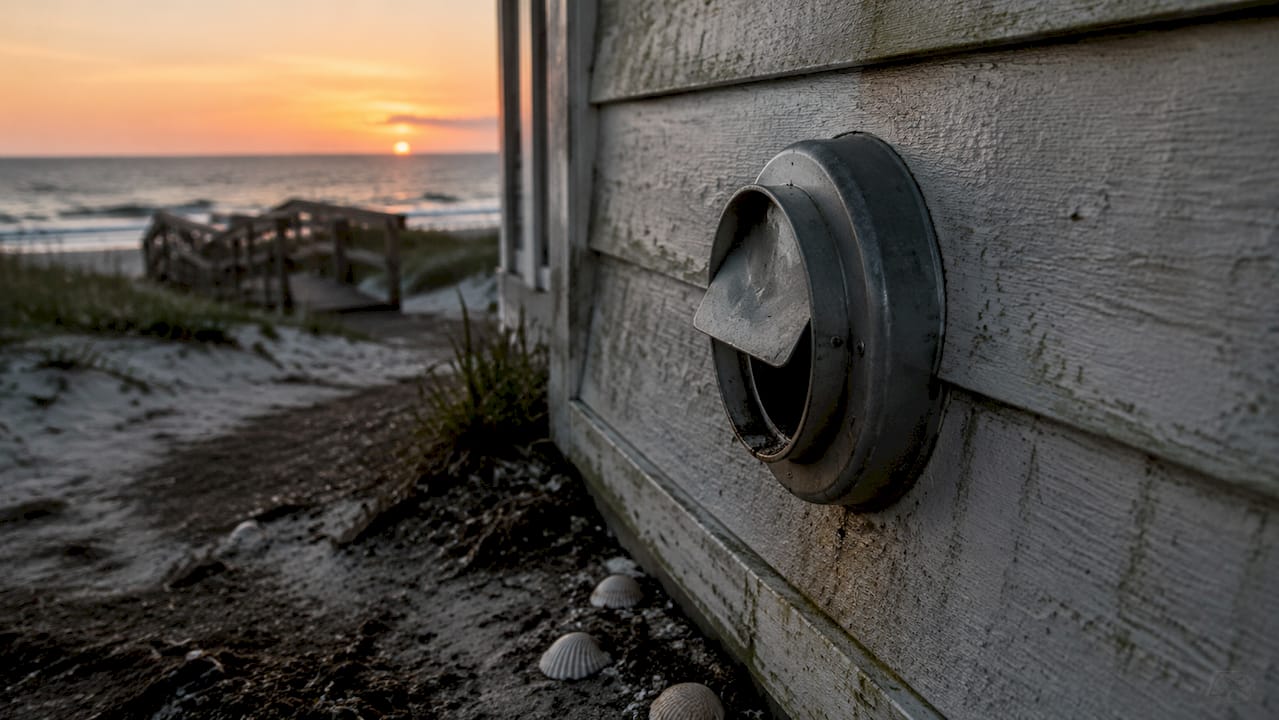 Outdoor bathroom vent with moisture near Gulf Coast home